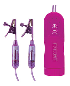 Lux Fetish Vibrating Nipple Clamps w/Wired Remote Control - Pink/Purple