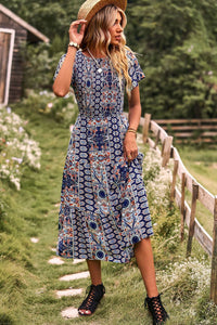 Printed Tie Back Flutter Sleeve Dress