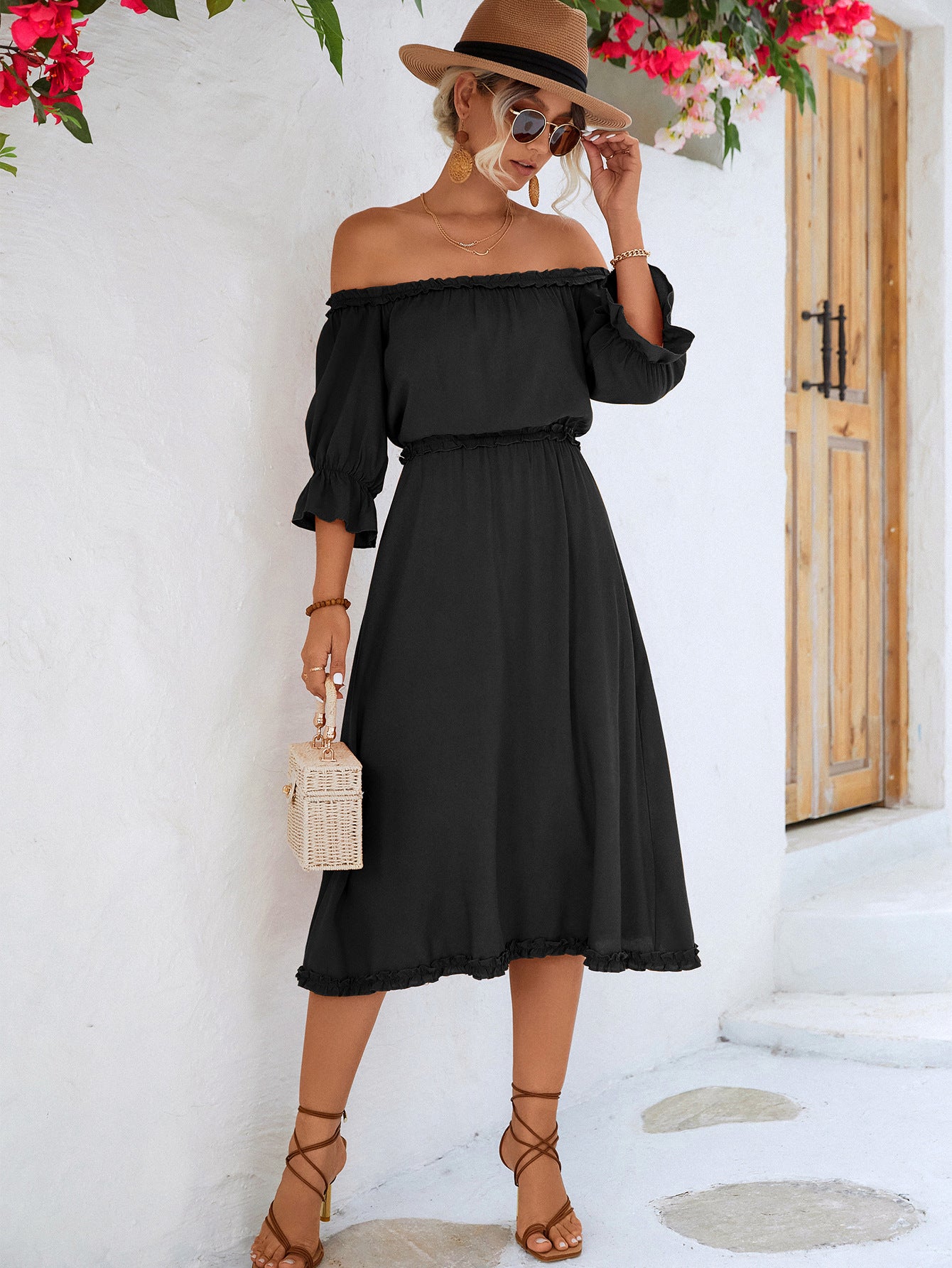 Frilled Off-Shoulder Flounce Sleeve Dress