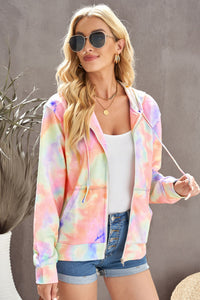 Tie-Dye Drawstring Detail Zip Up Hooded Jacket