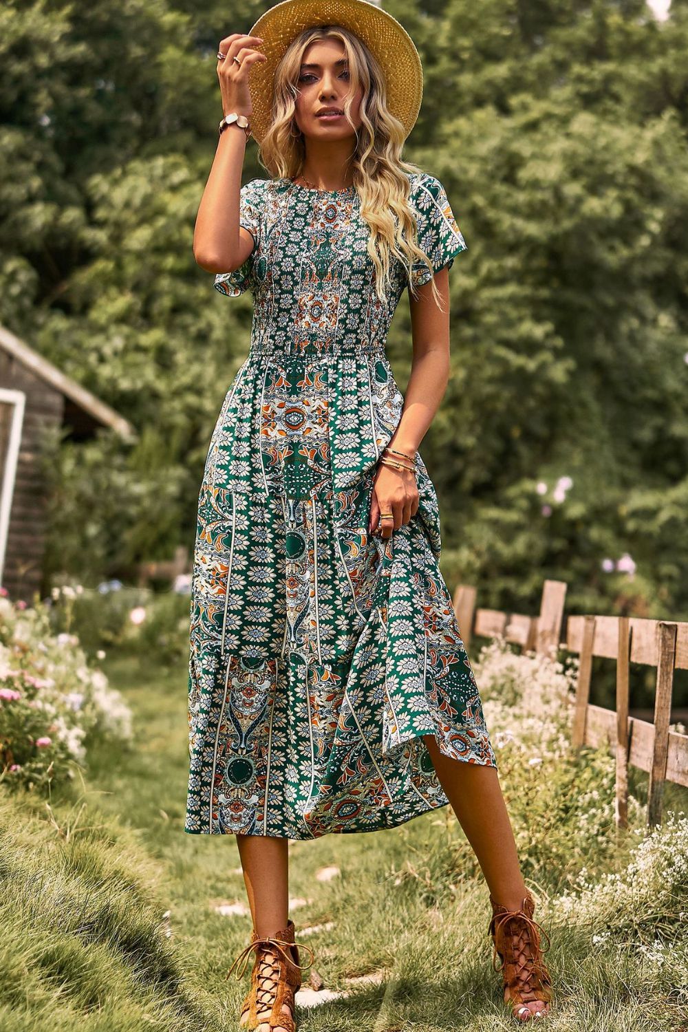 Printed Tie Back Flutter Sleeve Dress