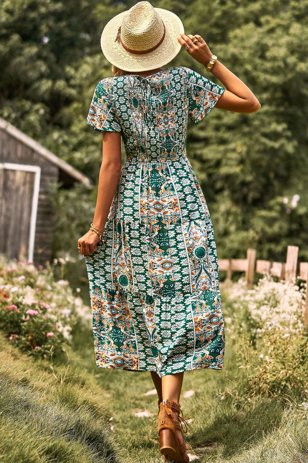 Printed Tie Back Flutter Sleeve Dress