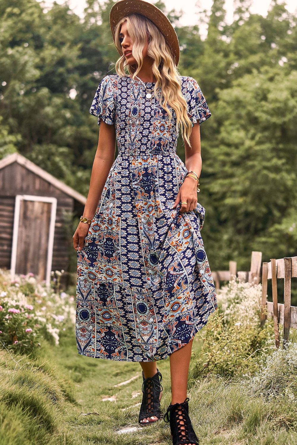 Printed Tie Back Flutter Sleeve Dress